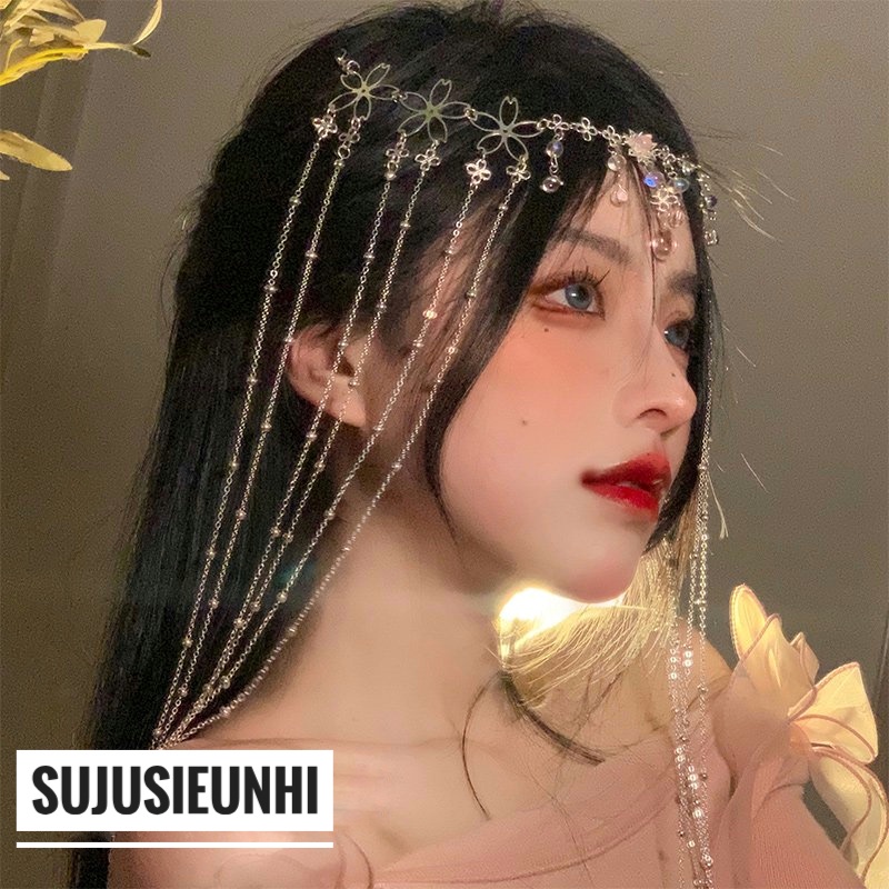 (Có video) Rèm che mặt cổ phong hình hoa và giọt nước hồng tua rua thả dài trang trí trán/ mạng che mặt cổ trang