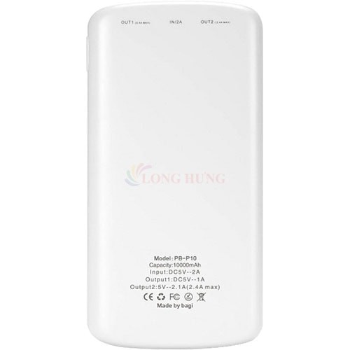 Sạc dự phòng Bagi 10000 mAh PB-P10 - Hàng chính hãng - 2 cổng OUT 1 cổng IN Dung lượng 10000mAh Sạc 2 thiết bị cùng lúc