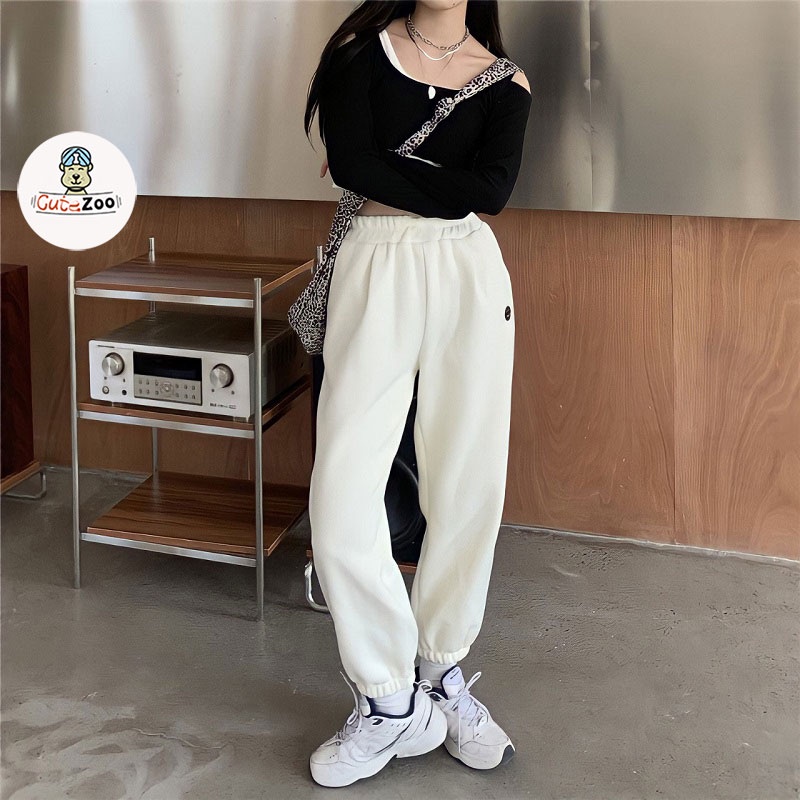 Quần jogger nữ tập gym chất tăm co dãn Quần bom LOG.SMILE ống rộng bo gấu - CUTE_ZOO