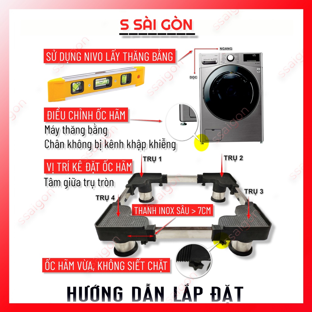 Chân đế máy giặt, kệ máy giặt và tủ lạnh, kệ tủ lạnh máy giặt trụ Inox cao cấp - BH 2 năm