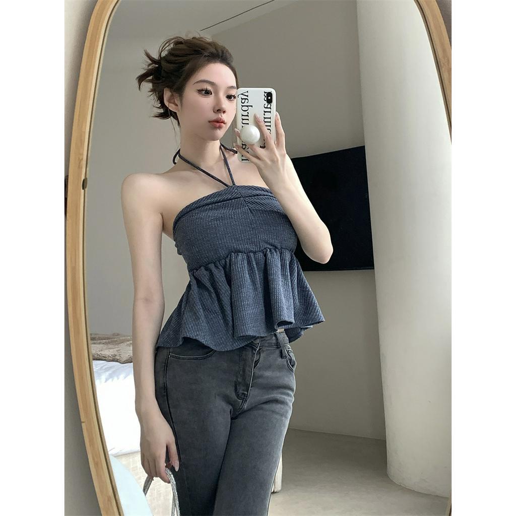 QADCOL  Áo Lửng Hai Dây Cổ Yếm Dáng Ngắn Quyến Rũ Mùa Hè Cho Nữ
