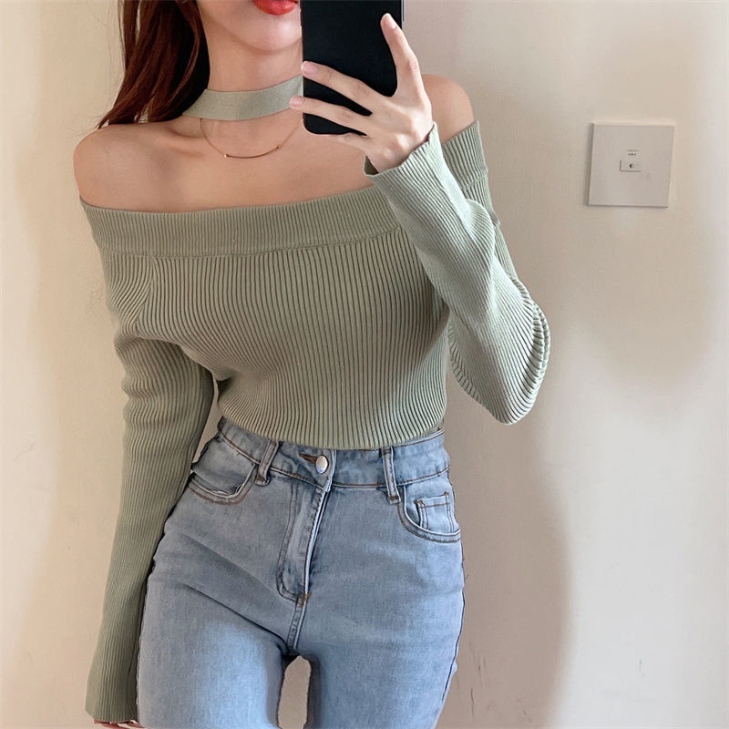 COZOK Áo len tay dài hở vai màu đen quyến rũ thời trang thu đông cho nữ