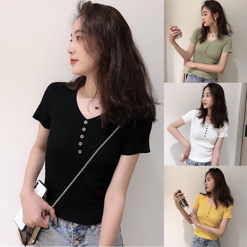 [Baywellfashion]Freeship từ 50K - Áo dệt kim tay ngắn phối nút thiết kế cổ chữ V quyến rũ | BigBuy360 - bigbuy360.vn