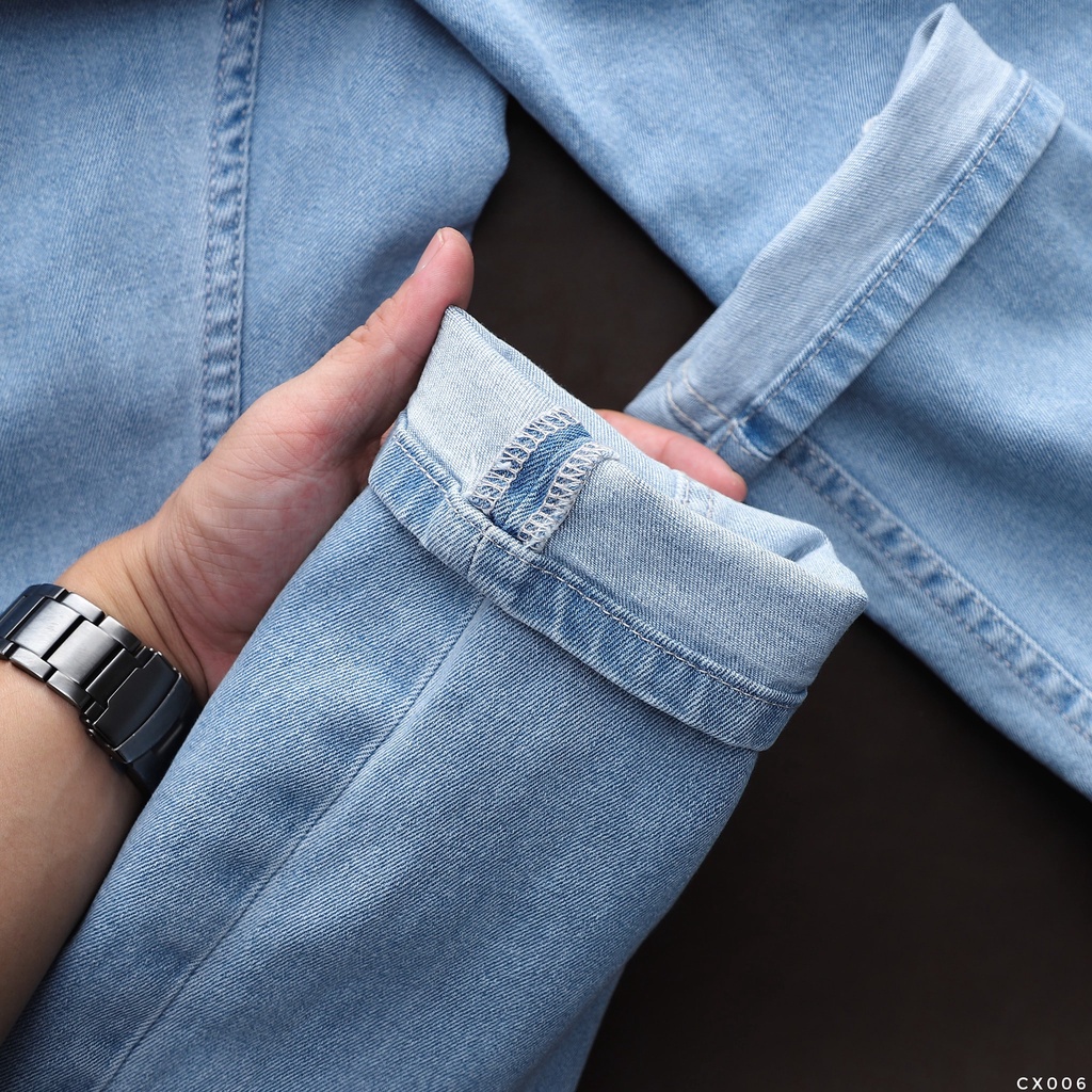 Quần jean dài nam Lcst xanh sáng wash,Form Slimfit,chất vải co dãn,ống quần 15 - 18cm,hàng VNXK-CX006