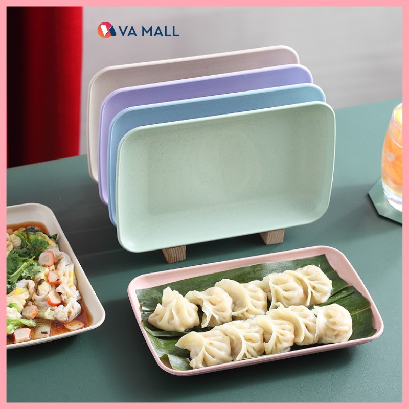 Dĩa nhựa lúa mạch chữ nhật đựng đồ ăn, đĩa nhựa lúa mì đẹp cao cấp màu pastel xinh xắn