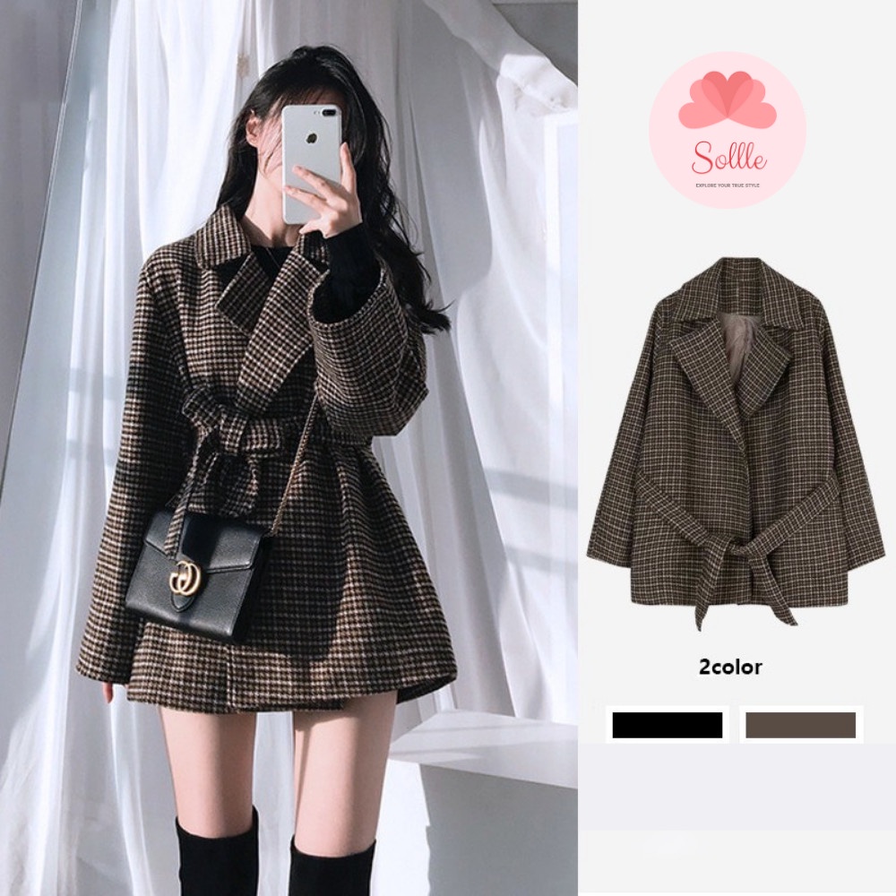 Áo khoác kiểu nữ dạ kẻ caro cổ vest 2 lớp dày ấm kèm đai thắt nơ phong cách Hàn Quốc Sollle