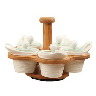 Bộ gia vị bằng gốm nắp gỗ