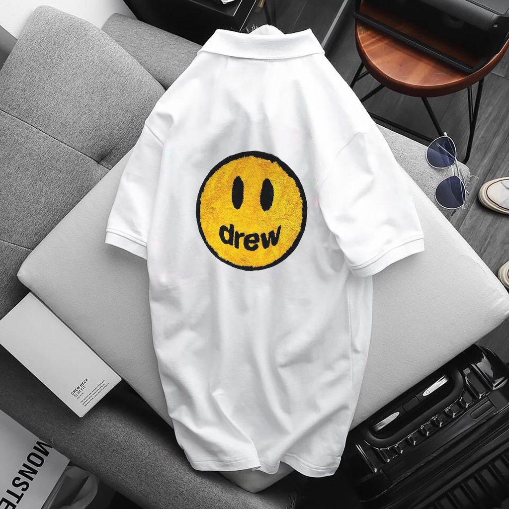 Áo POLO DREW Mặt Cười, chất Thun Cá Sấu Poly Thái full size Nam Nữ, Áo có cổ trắng đen, cổ trụ Unisex, KKimShop