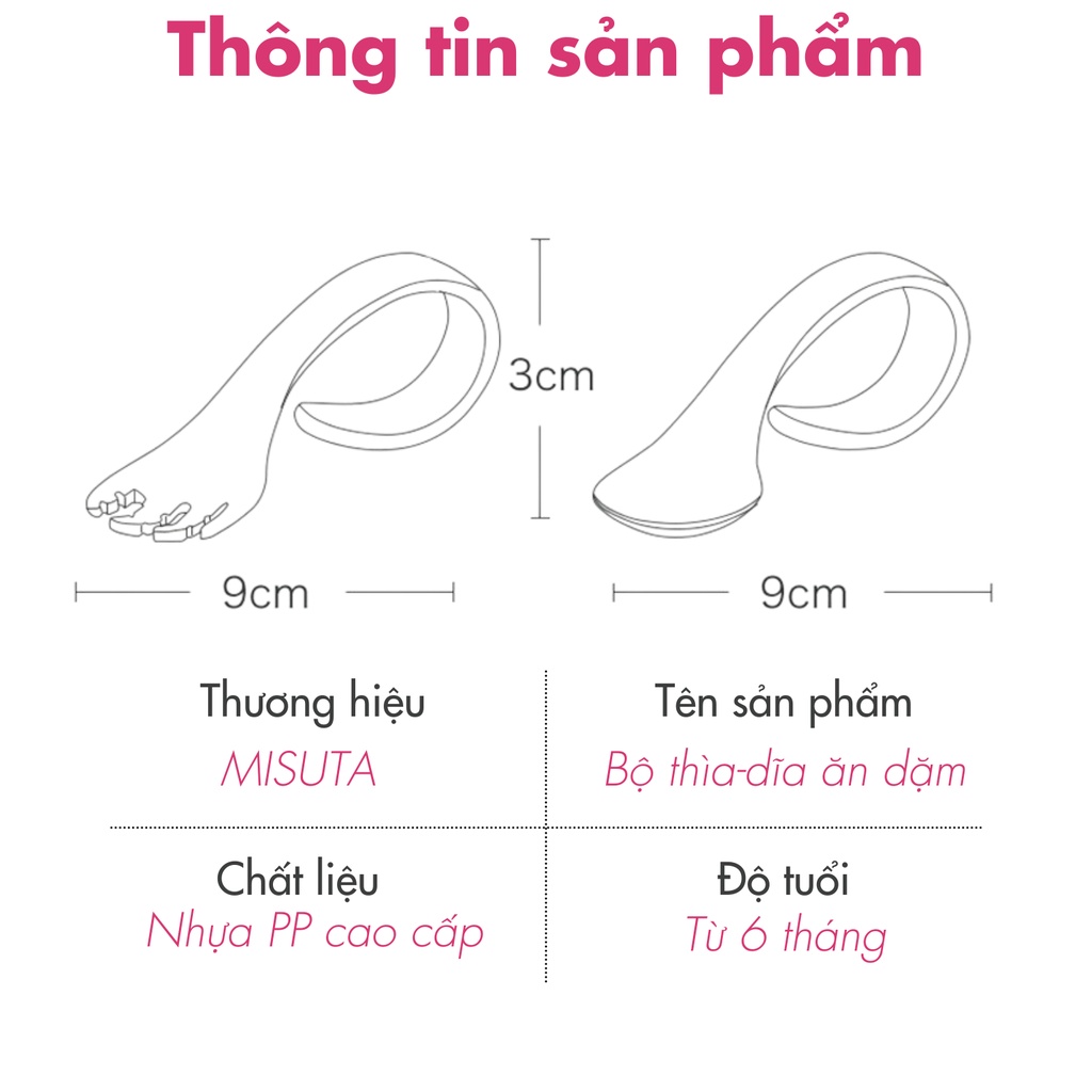 Bộ thìa dĩa ăn dặm cho bé Misuta nhựa PP cao cấp, tay nắm tròn, chịu được nhiệt độ cao l Set thìa ăn dặm cho trẻ em