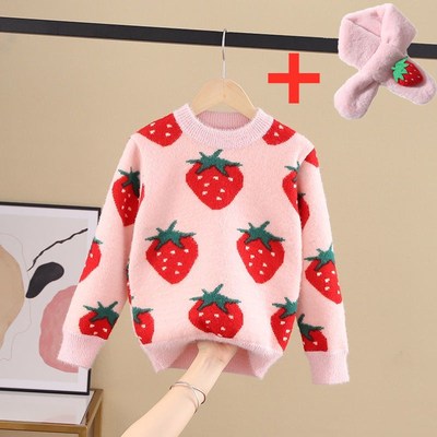 Bộ Áo Sweater Phối Khăn Choàng Cổ Nnjxd Hoạ Tiết Quả Dâu Tây Dễ Thương Dành Cho Bé Gái