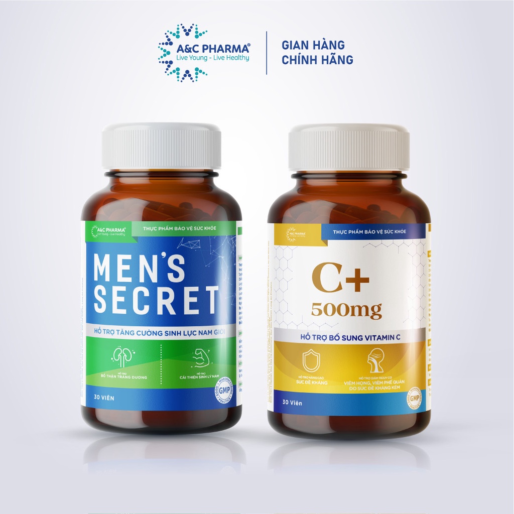 A&C Pharma Combo X2 Sức khỏe: Viên uống Tăng cường sinh lực nam Men's Secret và Vitamin C 3in1