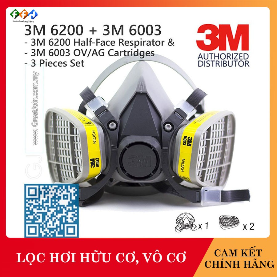 [Hàng chính hãng] Bộ mặt nạ 3M 6200 3 món (2 phin lọc 3M 6003),Chống độc,Lọc hơi vô cơ,hữu cơ, Mặt nạ phun xịt hóa chất