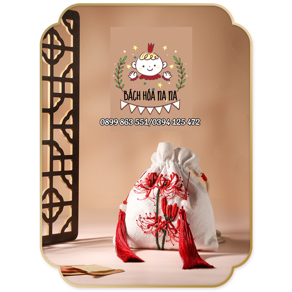 (có sẵn) Kit tập thêu DIY - Túi Vải dây rút (20x28cm) họa tiết thêu tay hoa nhỏ hãng Cherish, handmade shop