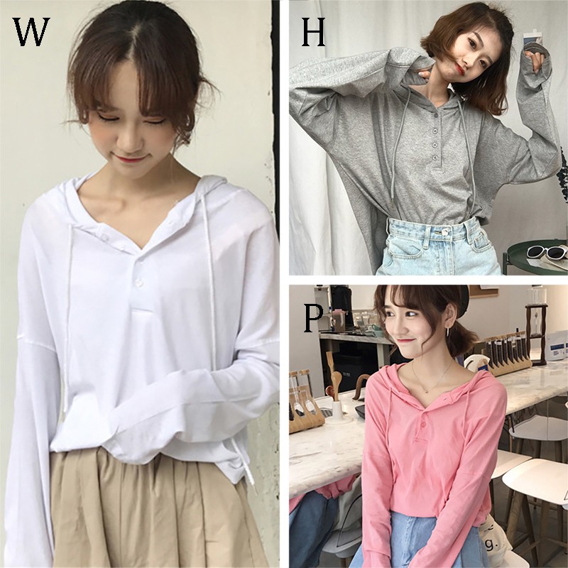 Áo Hoodies tay dài màu trơn thiết kế dáng rộng thoải mái