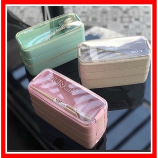Bộ hộp đựng cơm lúa mạch 3 tầng tặng kèm muỗng nĩa