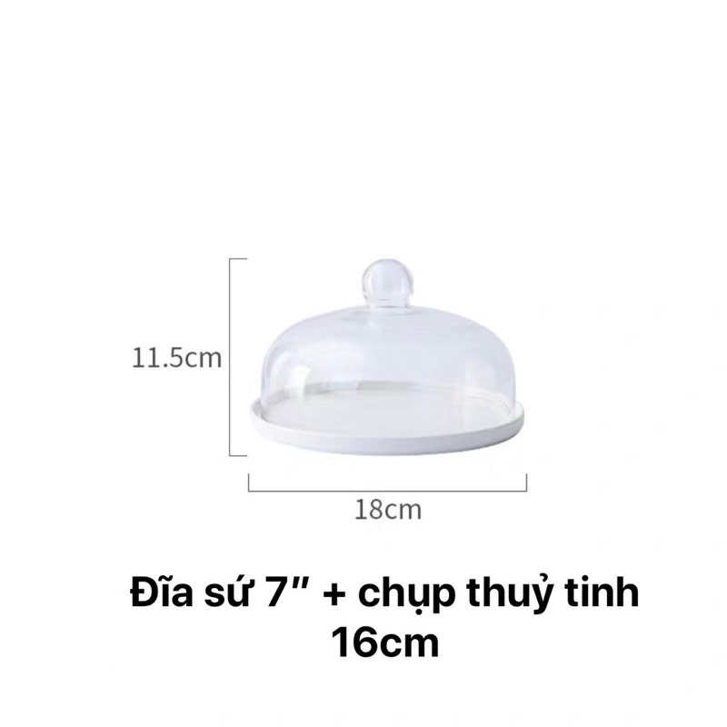 Đĩa bánh ngọt đế sứ kèm chụp thuỷ tinh