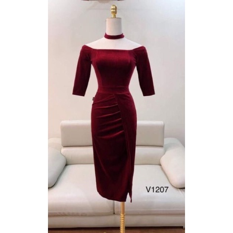 Váy body nhung đỏ chễ vai thiết kế DVC (size S)
