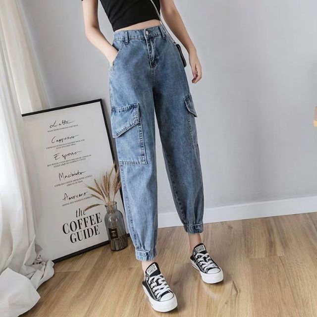 Quần baggy jeans túi hộp ống bo túm jogger cạp cao form ulzzang kèm ảnh thật