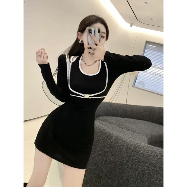 Váy Body Cổ Yếm Viền Phối Khoác LSEOUL V1292 Tôn Dáng Quyến Rũ