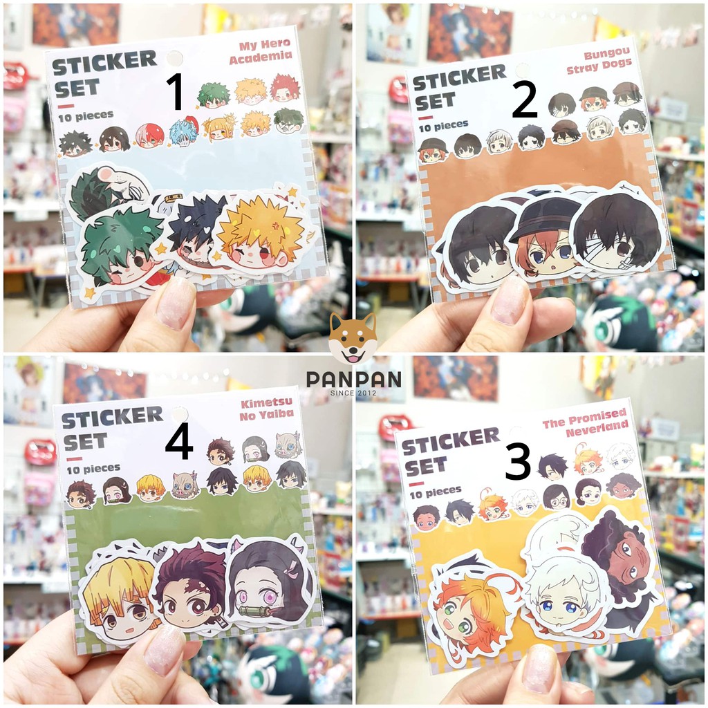 Sticker Set Nhiều Series (10 HÌNH) - Học Viện Siêu Anh Hùng, Thanh gươm diệt quỷ, Bungou Stray Dogs, Miền Đất Hứa