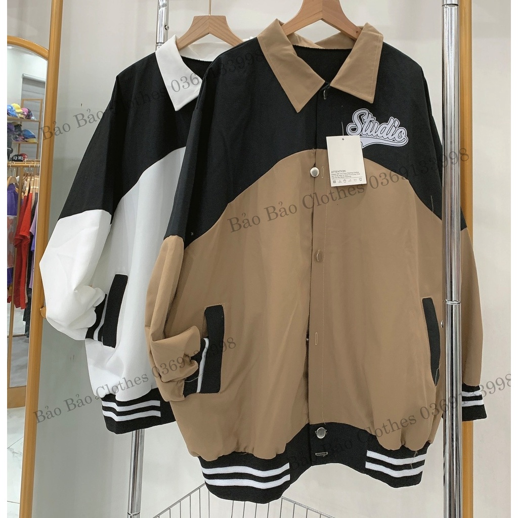 Khoác Bomber Phối Thân Studio Nam Nữ Unisex Dáng Rộng Tay Bồng Cúc Bấm