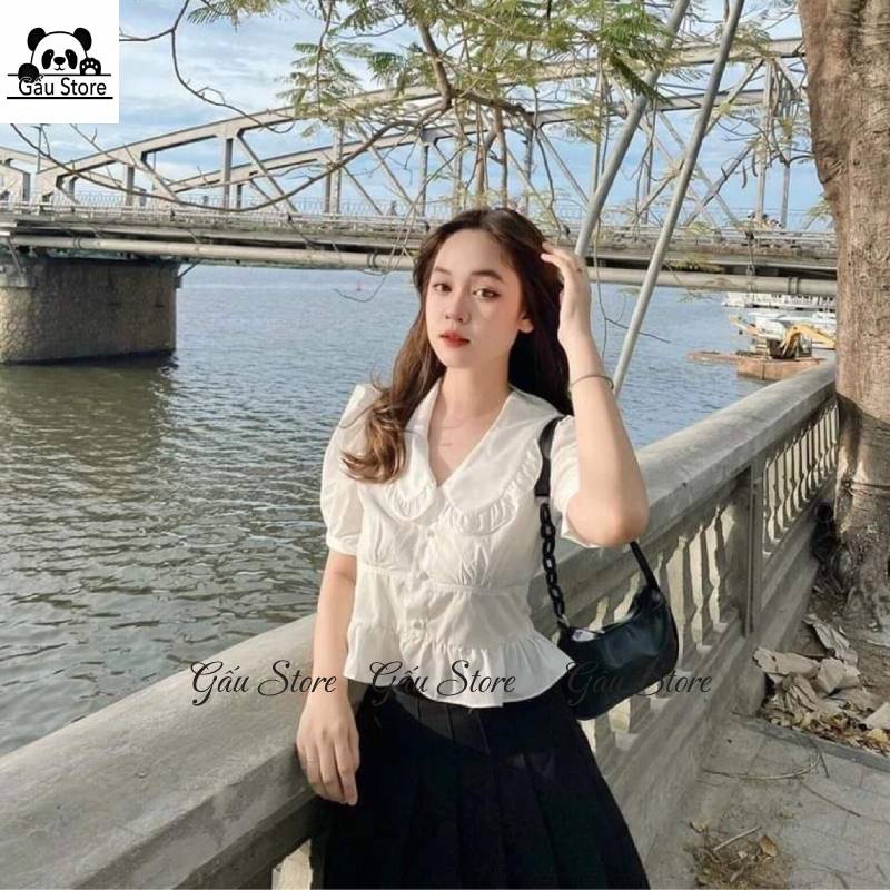 Áo sơ mi trắng nữ cổ bèo bo eo tay bồng nhẹ tiểu thư phong cách Hàn Quốc áo sơ mi nữ đẹp Gấu Store