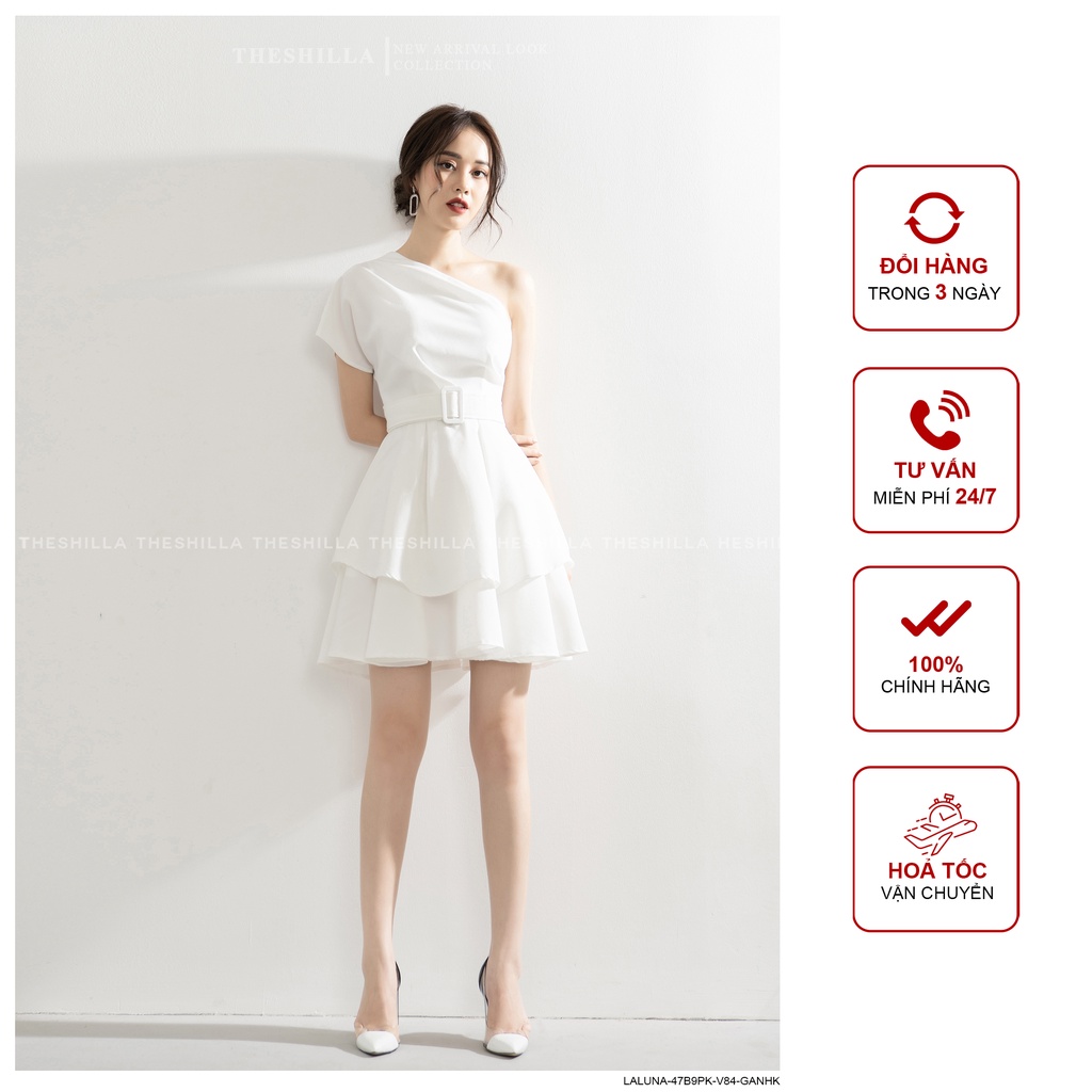 Váy thiết kế cao cấp màu trắng lệch vai kèm thắt lưng [ Có video + Ảnh thật ] The Shilla - Laluna-47B9