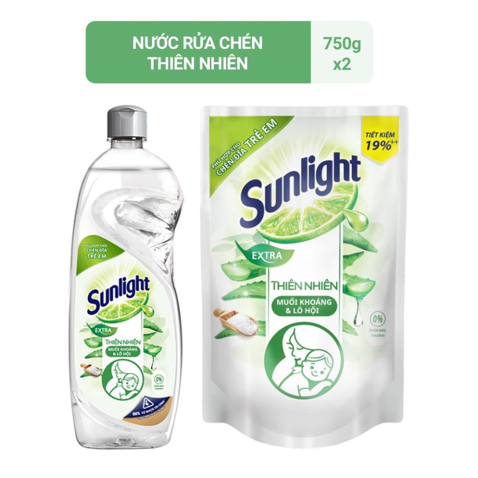 Combo Nước rửa chén Sunlight Thiên Nhiên chiết xuất Lô hội &amp; Muối khoáng chai 750g &amp; túi 750g