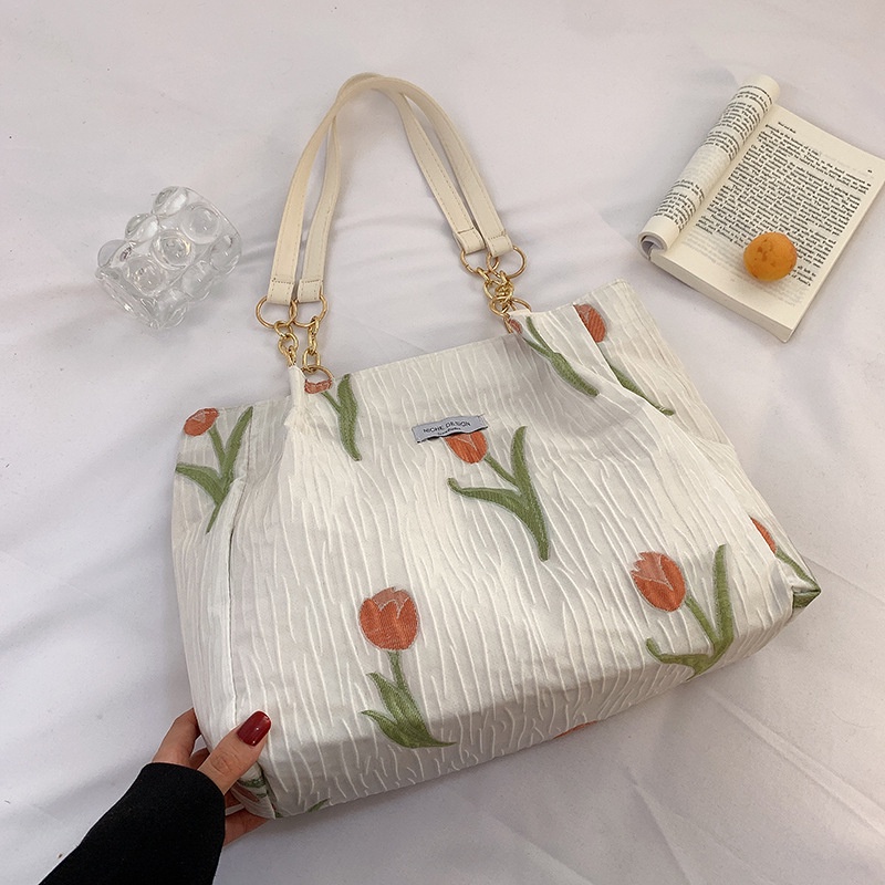Túi Xách Canvas Họa Tiết Hoa Tulip Thời Trang