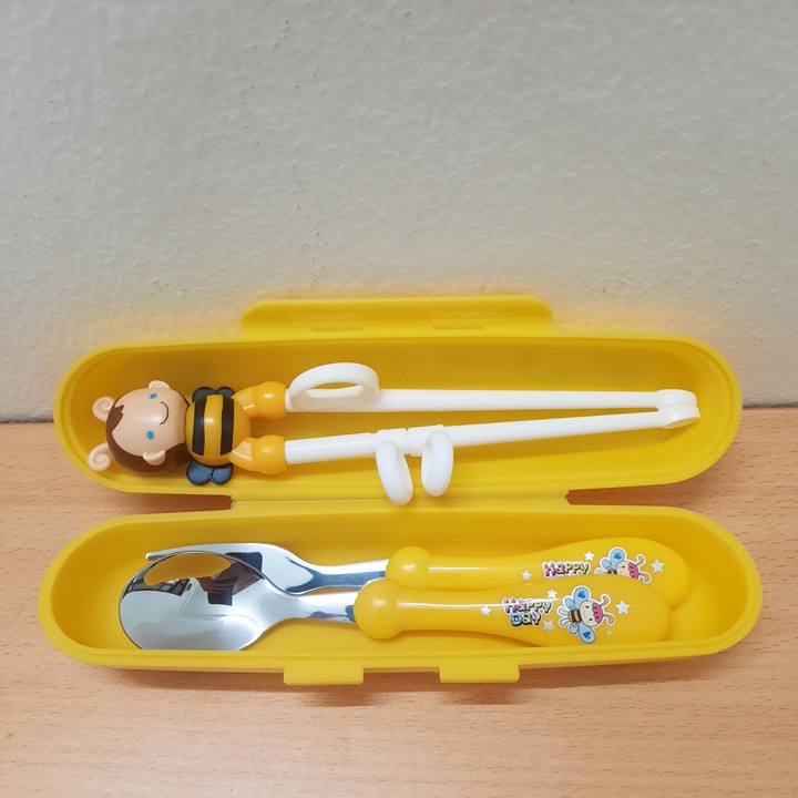 Set thìa dĩa đũa tập ăn inox 304 hình mèo dễ thương cho bé, sét thìa đũa ăn dặm cho bé