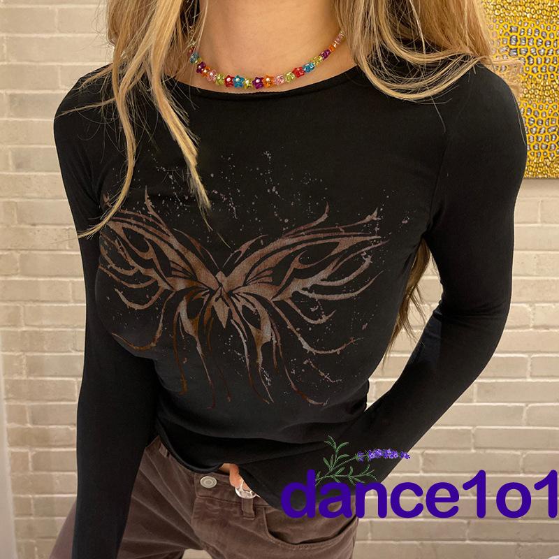 Áo thun tay dài cổ tròn dáng ôm in họa tiết hình bướm thời trang cho nữ