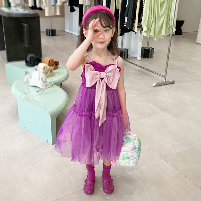 Đầm Công Chúa Hai Dây Phối Lưới Thắt Nơ Phong Cách Hàn Quốc Thời Trang Mùa Hè Dành Cho Bé Gái Sơ Sinh
