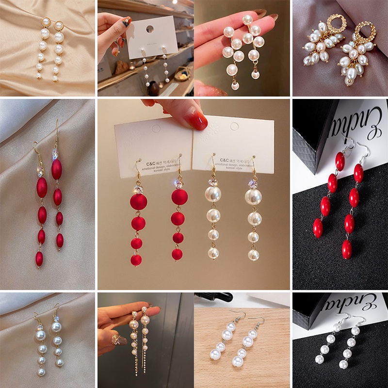 Khuyên tai nữ RINHOO FRIENDSHIP dài đính ngọc thời trang Hàn