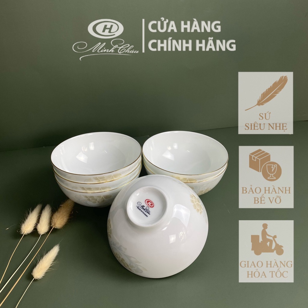 [Sứ Siêu Nhẹ] Bộ Bát Ăn Cơm Sứ Xương Hoa Kẻ Vàng - Sứ Minh Châu