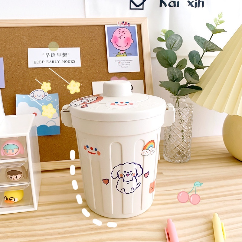 Thùng rác mini, hộp đựng nhỏ hình chiếc xô để bàn học bàn làm việc có nắp đậy tiện lợi 2 màu ghi và trắng Cute Shop