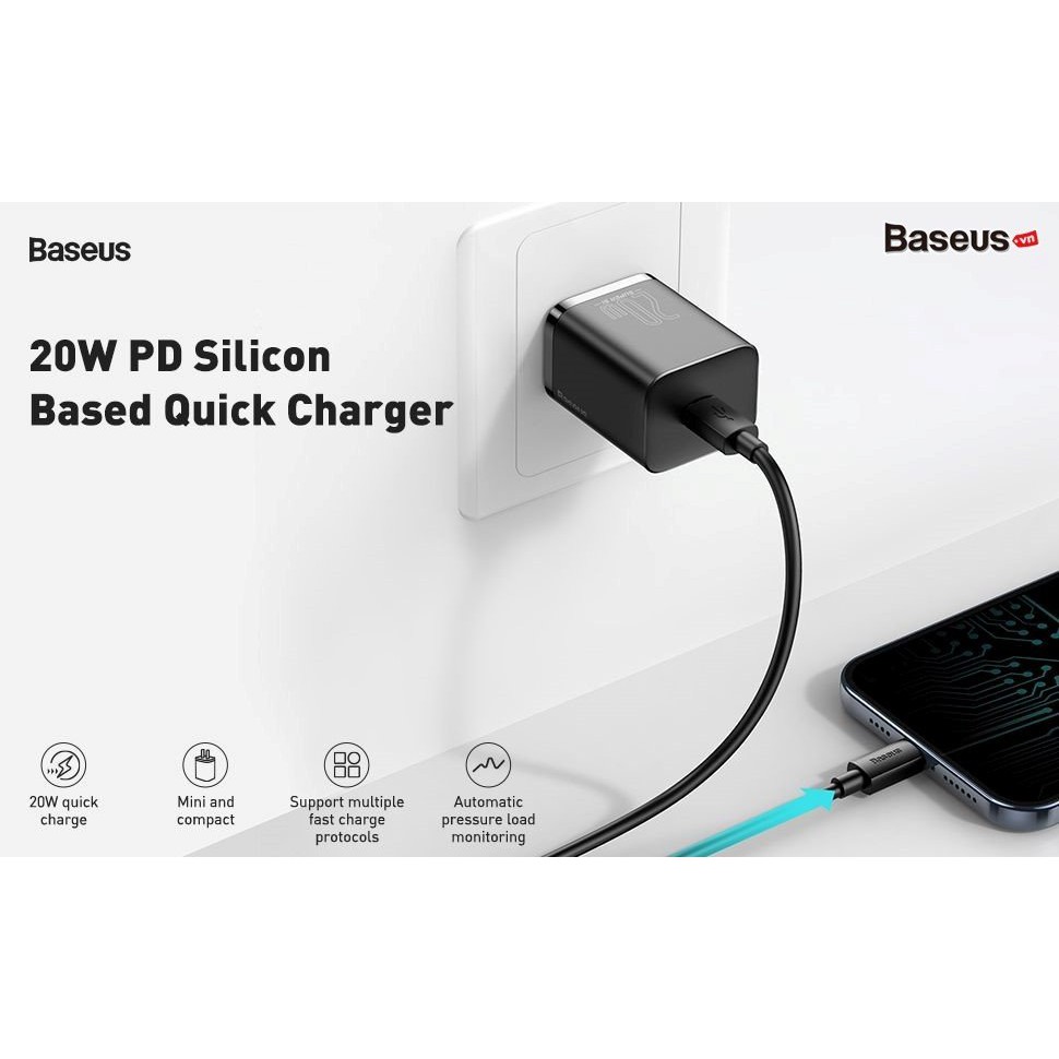 Bộ sạc Baseus sạc Super Si sạc nhanh 3A/PD 20W/Q.C3.0 dành cho dòng iPhone/iPad...kèm cáp Type-C to Lightning dài 1m