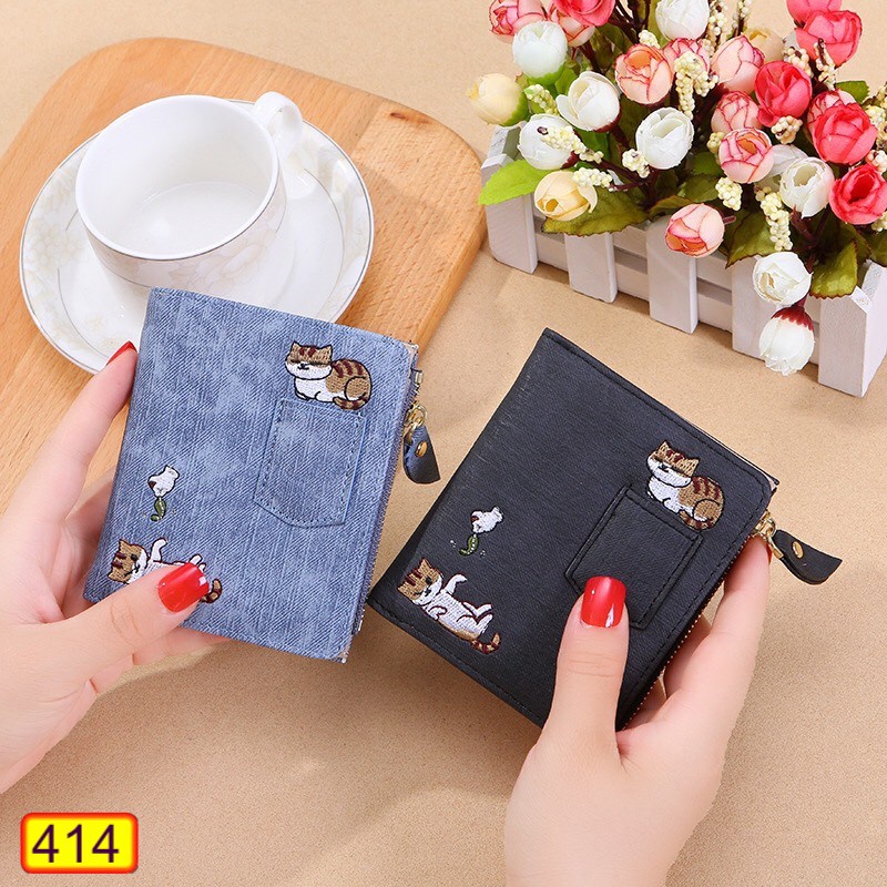 Ví Ngắn Nữ Mini Cầm Tay Cao Cấp Thêu 2 Chú Mèo Dễ Thương