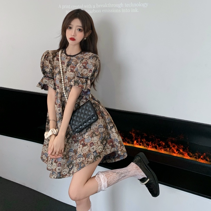 Đầm PERTY dáng ngắn rộng in họa tiết gấu hoạt hình phong cách Hàn Quốc xinh xắn dành cho nữ