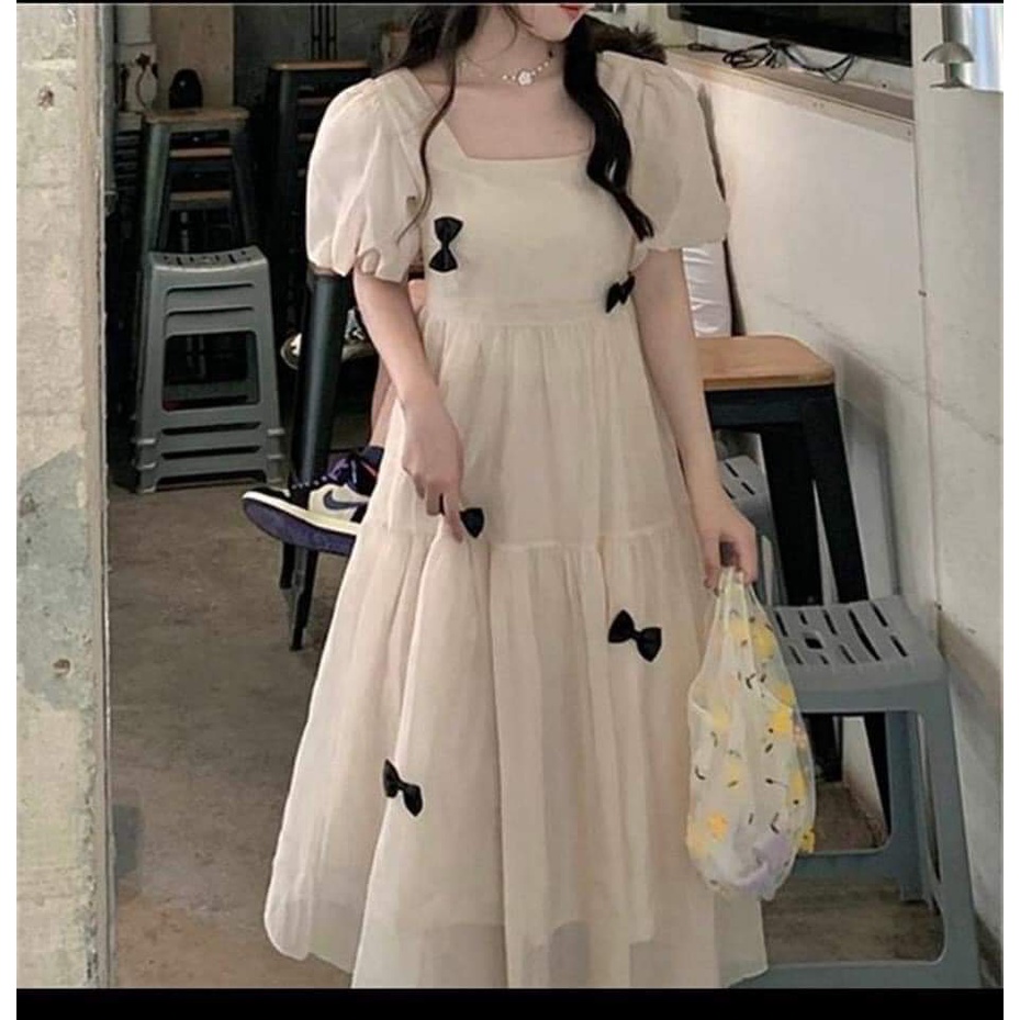Đầm bầu ngắn tay cổ vuông gắn nơ M448 vải lụa tơ hai lớp freesize Mom and Baby
