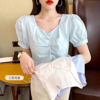 Áo cổ vuông xếp li tay phồng mới 2021