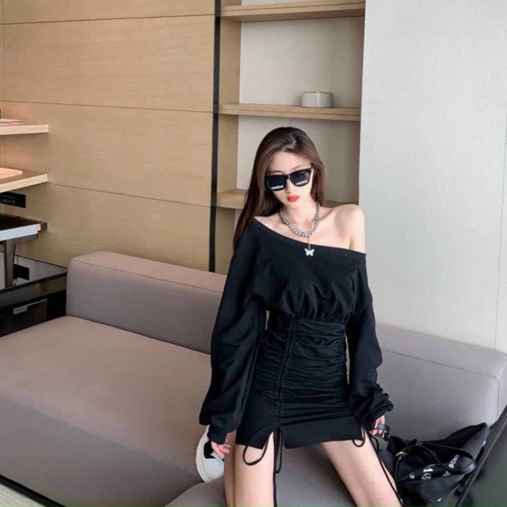 Váy body tay dài🌸FREESHIP🌸 Đầm nữ body màu đen nhún 2 bên hông vải thun co giãn mặc thoải mái