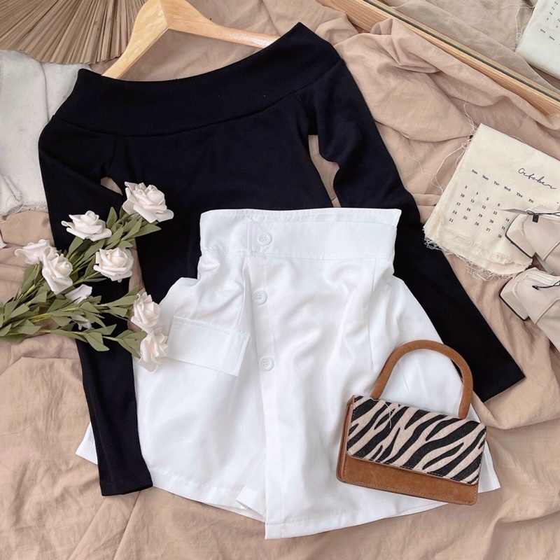 Set áo bẹt vai đen td x chân váy chéo nút