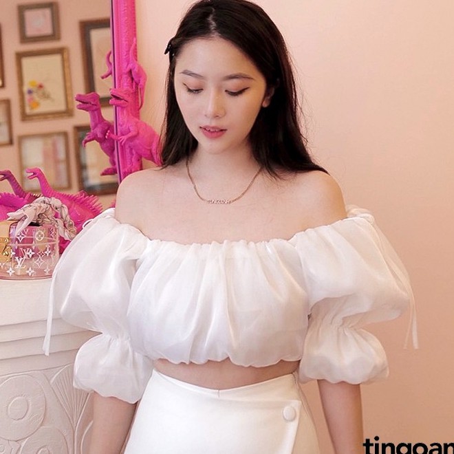 Áo trễ vai croptop bóng kính phồng tay 2 tầng chun vai co giãn trắng tingoan BELLA TOP/WH