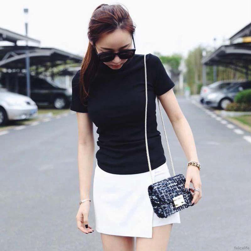 Áo thun cổ lọ dáng rộng màu trơn thời trang mùa hè cho phái nữ
