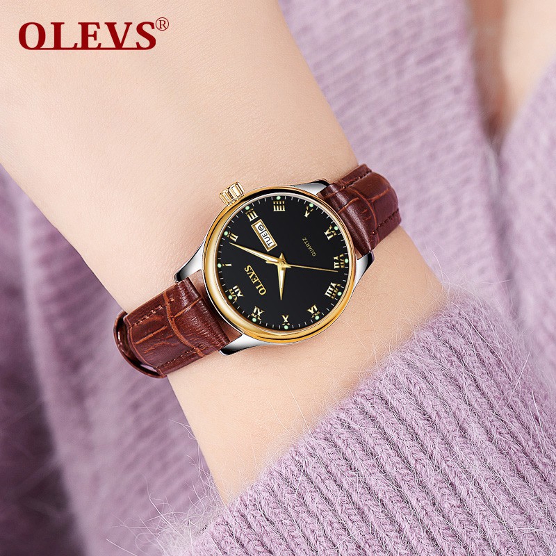 OLEVS 5568 Watch Women Leather Strap Genuine Waterproof Calendar Luminous Small Dial Elegant Fashion