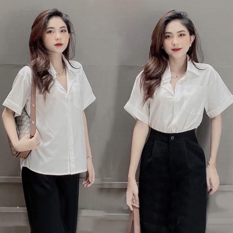Áo sơ mi nữ trắng đi học tay lỡ cổ bẻ basic form rộng vừa ,Sơ mi đi học sinh nữ trắng tay cộc