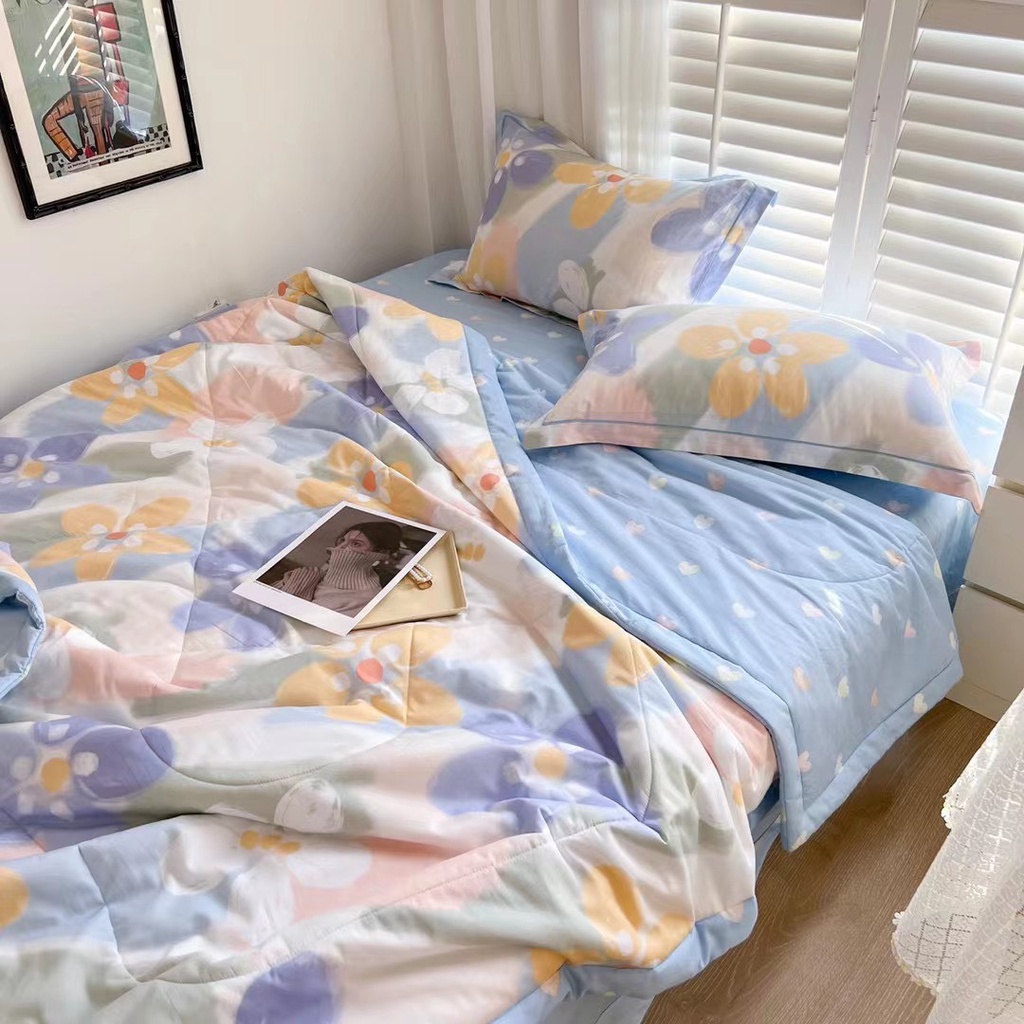 Bộ chăn hè ga gối cotton 100%, ga chun đủ size chăn hè trần bông mỏng
