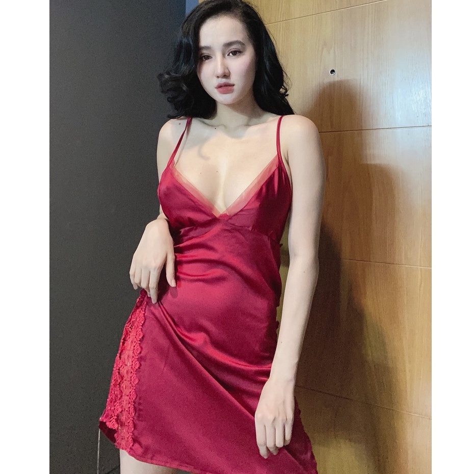 Đồ ngủ sexy / Đầm 2 dây phối ren eo, ngực phối lưới, chất liệu satin cao cấp loại 1, mềm mịn mát, freesize dưới 65kg Sex | BigBuy360 - bigbuy360.vn
