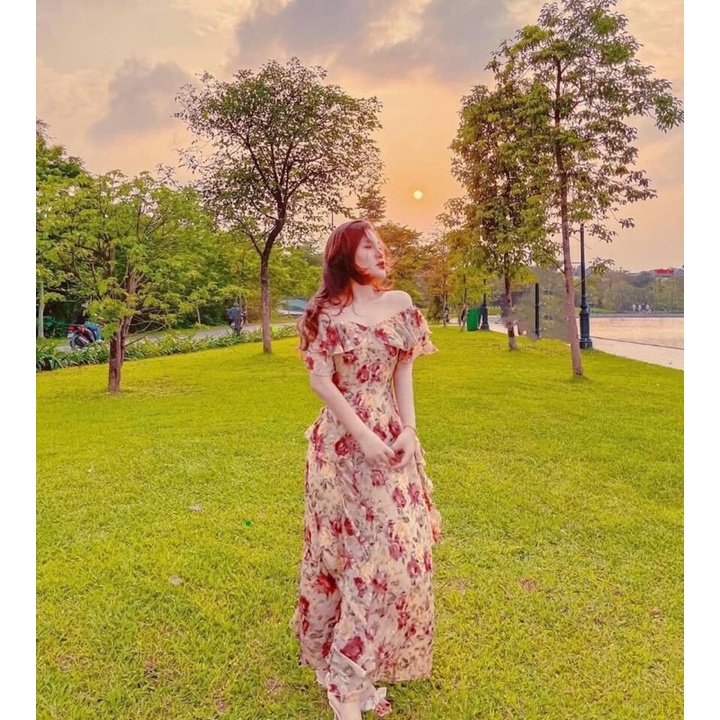 Váy hoa maxi trễ vai