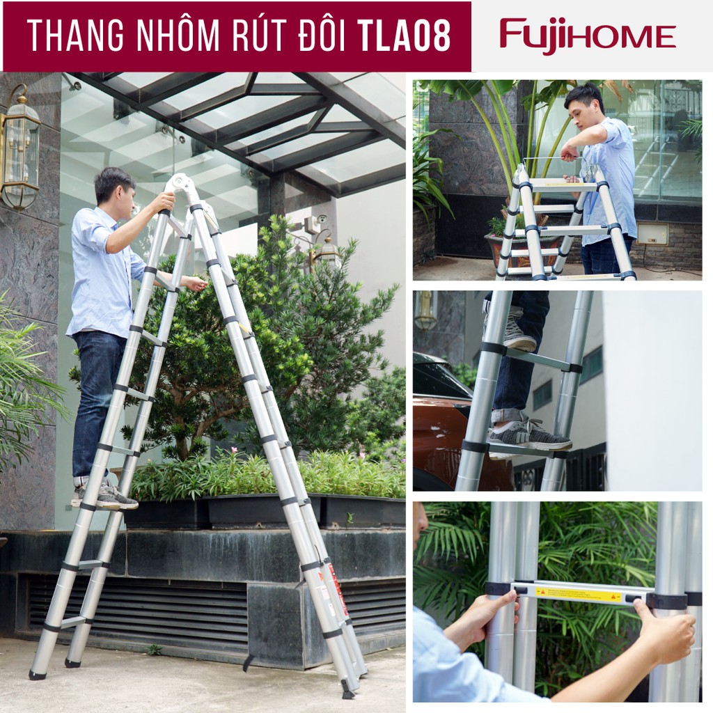 Thang nhôm rút chữ A Nhập Khẩu 4,4M - 5M gấp gọn chính hãng FUJIHOME, thang rút đôi xếp gọn gia đình đa năng Nhật Bản